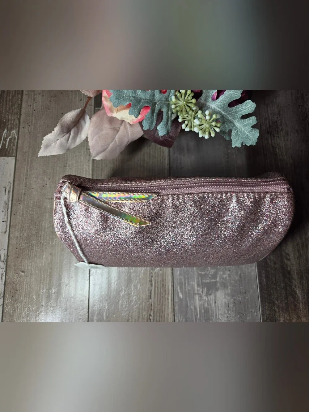 NWT Glitter Pink Cosmetic Makeup Bag – Rose Gold/Holographic